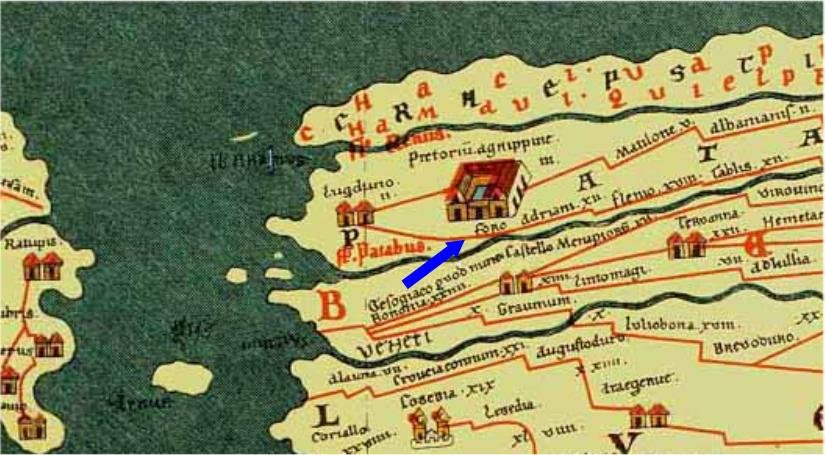 Detail of the Peutinger Map showing Foro Hadriani, the Roman town at Voorburg